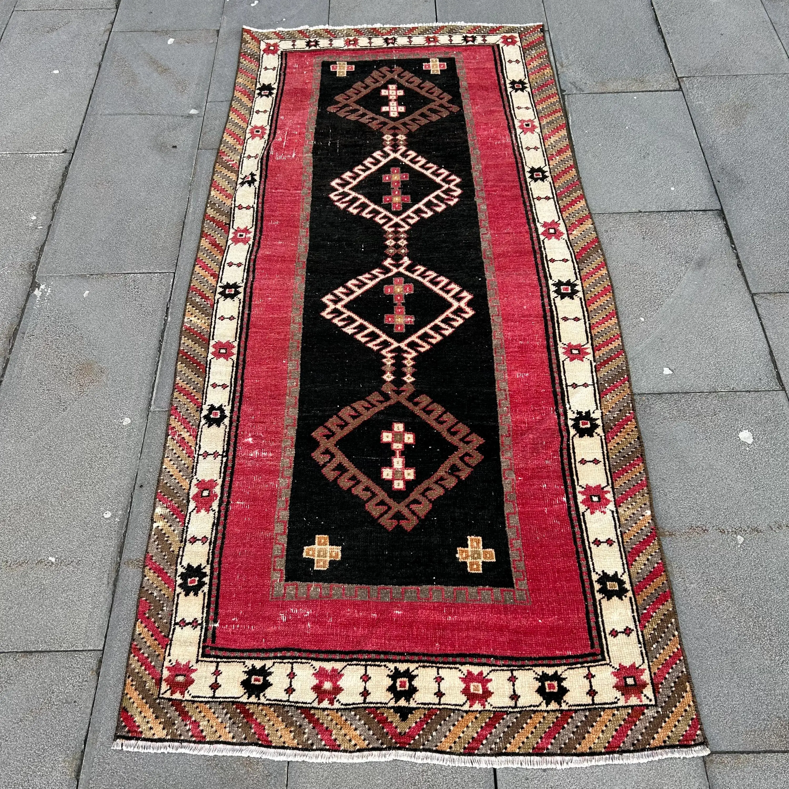 Alfombra vintage de 2,9x6,1 pies, alfombra de acento turco, alfombra Ikat roja - 1