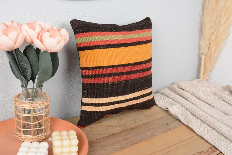 Almohada de tiro a rayas marrón y naranja, cojín bordado 14x14