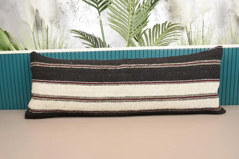 Besticktes beige-braun gestreiftes Kissen, vielseitiges 16x42 Wurfkissen