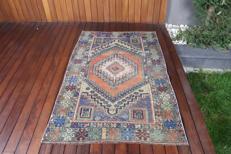 3.6x5.7 ft Rug, Vintage Turkish Accent Rug, Blue Oushak Wool Rug - 1