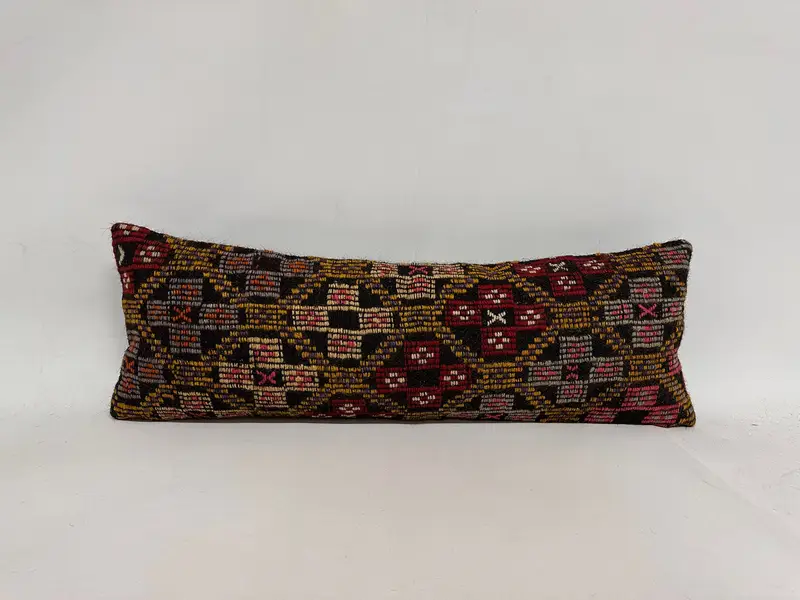 Turkish Pillow, Handmade Kilim Cushion, 12x36 Yellow Pillow Case, Antique Pillows, Cushion Cover, Retro Throw Cushion Case - 1