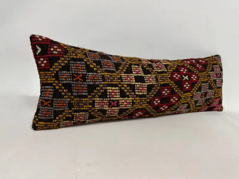 Turkish Pillow, Handmade Kilim Cushion, 12x36 Yellow Pillow Case, Antique Pillows, Cushion Cover, Retro Throw Cushion Case - 2