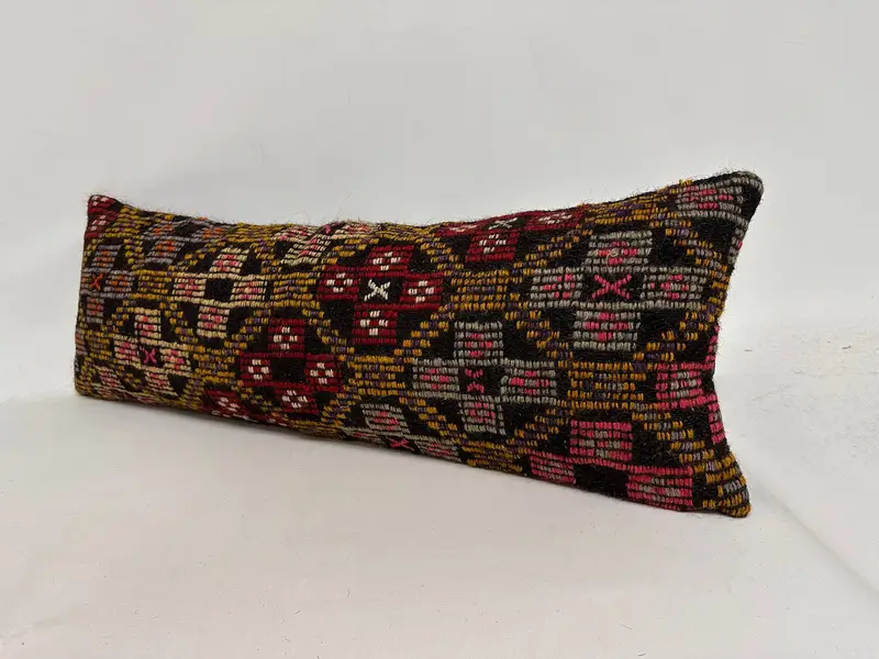 Turkish Pillow, Handmade Kilim Cushion, 12x36 Yellow Pillow Case, Antique Pillows, Cushion Cover, Retro Throw Cushion Case - 3