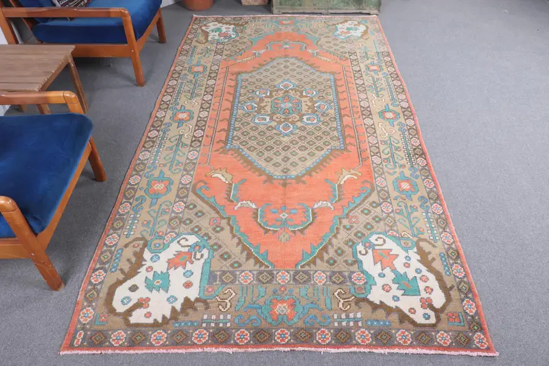 4.9x9.5 ft Oushak Turkish Rug, Orange Floral Vintage Rug Wool - 1