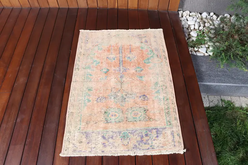 2.3x3.3 ft Small Vintage Rug, Turkish Rug, Orange Blue Bordered Wool Rug - 1