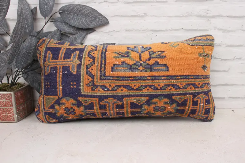 Ethnical Kilim Rug Pillow, Square Throw Pillow, Boho Pillow, 12x24 Orange Pillow Sham, Cotton Cushion, Interior Designer Pillow, Cushion - 1