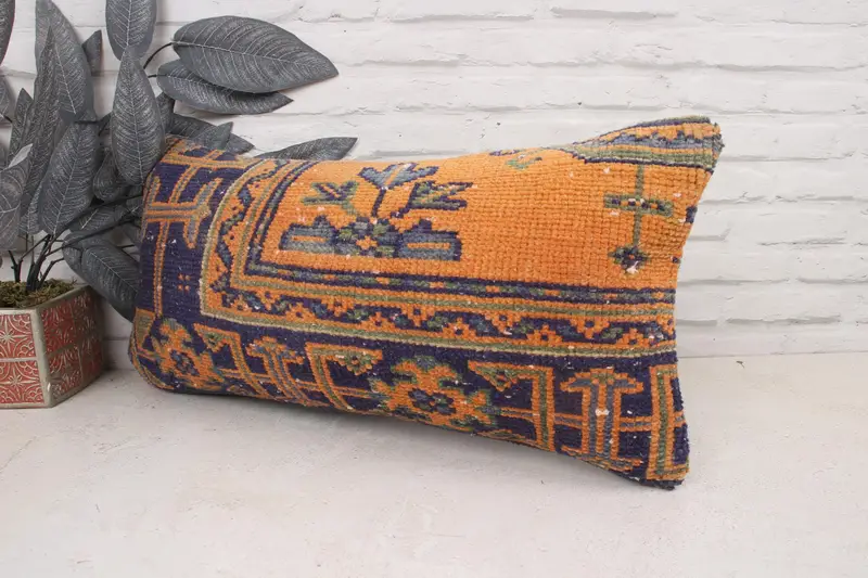 Ethnical Kilim Rug Pillow, Square Throw Pillow, Boho Pillow, 12x24 Orange Pillow Sham, Cotton Cushion, Interior Designer Pillow, Cushion - 4