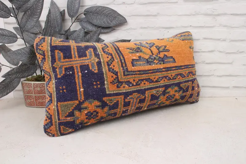 Ethnical Kilim Rug Pillow, Square Throw Pillow, Boho Pillow, 12x24 Orange Pillow Sham, Cotton Cushion, Interior Designer Pillow, Cushion - 3