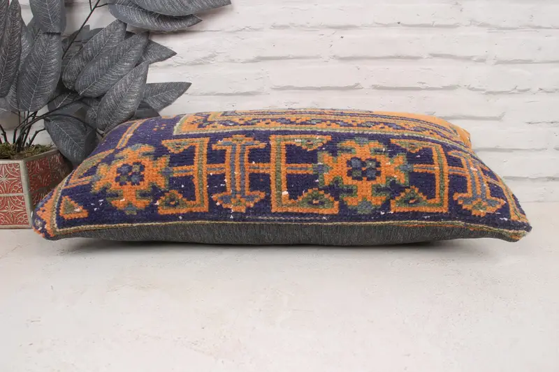Ethnical Kilim Rug Pillow, Square Throw Pillow, Boho Pillow, 12x24 Orange Pillow Sham, Cotton Cushion, Interior Designer Pillow, Cushion - 5