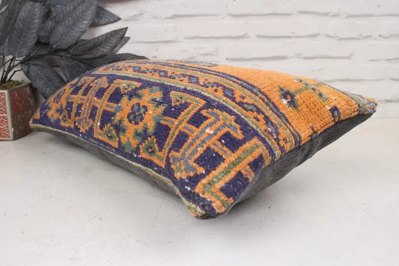 Ethnical Kilim Rug Pillow, Square Throw Pillow, Boho Pillow, 12x24 Orange Pillow Sham, Cotton Cushion, Interior Designer Pillow, Cushion - 6