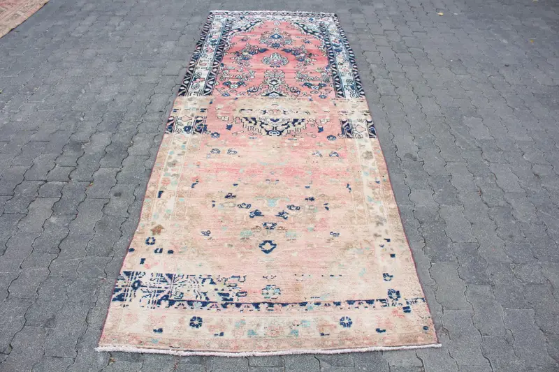 Vintage Rug, 3.6x9.7 ft Turkish Rug, Blue Red Polka dot Wool Rug - 1