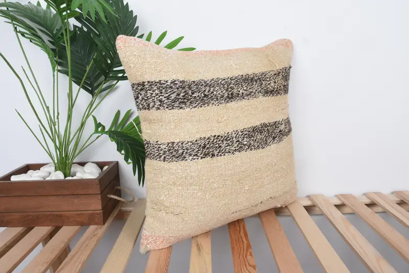 Ethnical Kilim Rug Pillow, Vintage Kilim Throw Pillow, Turkish Kilim Pillow, Tapestry Cushion Cover, 20x20 Beige Pillow Sham, Cushion Case - 4
