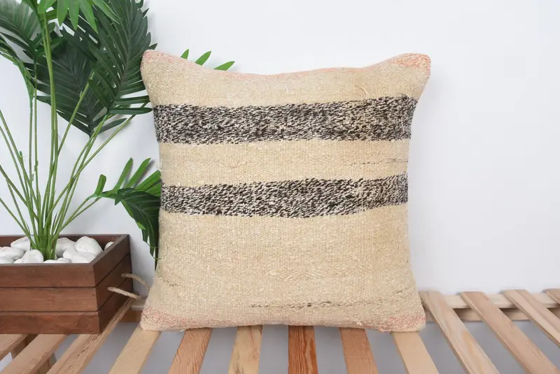 Ethnical Kilim Rug Pillow, Vintage Kilim Throw Pillow, Turkish Kilim Pillow, Tapestry Cushion Cover, 20x20 Beige Pillow Sham, Cushion Case - 1