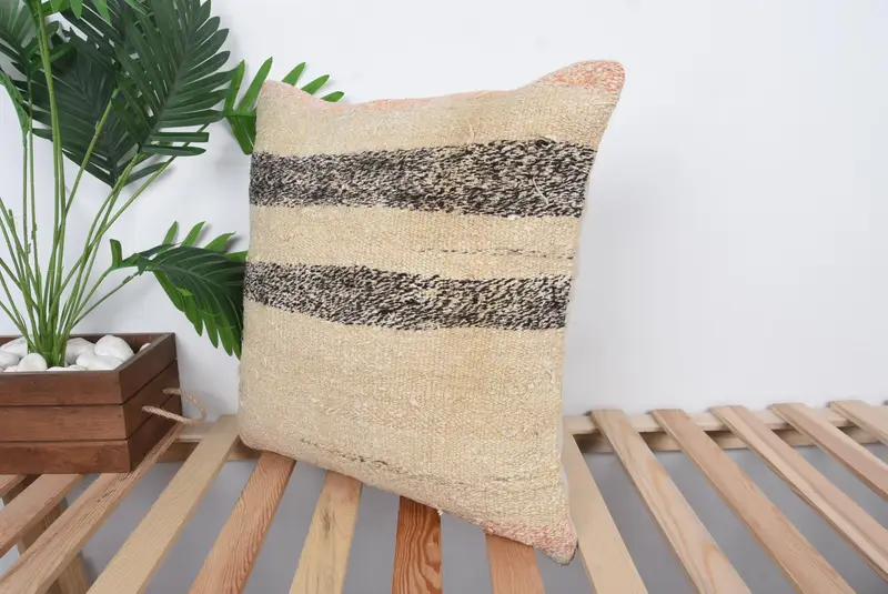 Ethnical Kilim Rug Pillow, Vintage Kilim Throw Pillow, Turkish Kilim Pillow, Tapestry Cushion Cover, 20x20 Beige Pillow Sham, Cushion Case - 5