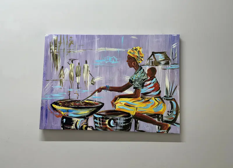 Authentische nigerianische Leinwand: Kochszene einer afrikanischen Frau