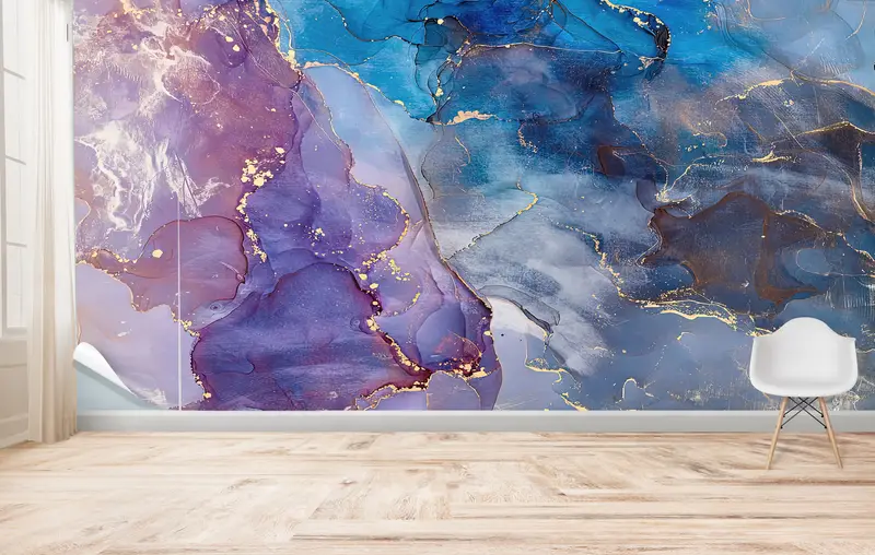 Zarif Lüks Mermer Baskılı Duvar Kağıdı: Pırıltılı Altın ve Mor Tonlar