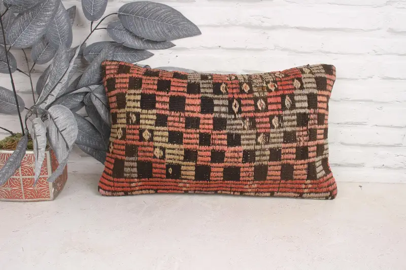 Pattern Throw Pillow, Pillow Cover, 12x20 Pink Pillow Cover, Interior Designer Pillow, Handmade Kilim Cushion, Vintage Pillow - 1