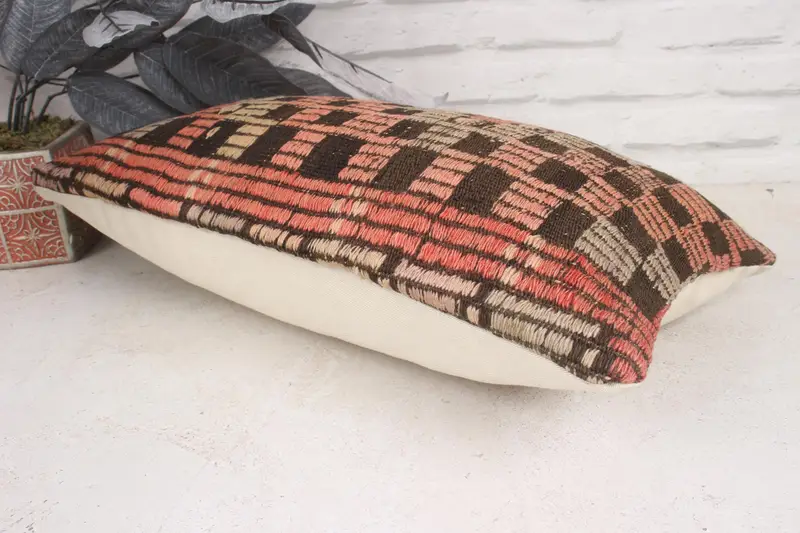 Pattern Throw Pillow, Pillow Cover, 12x20 Pink Pillow Cover, Interior Designer Pillow, Handmade Kilim Cushion, Vintage Pillow - 6