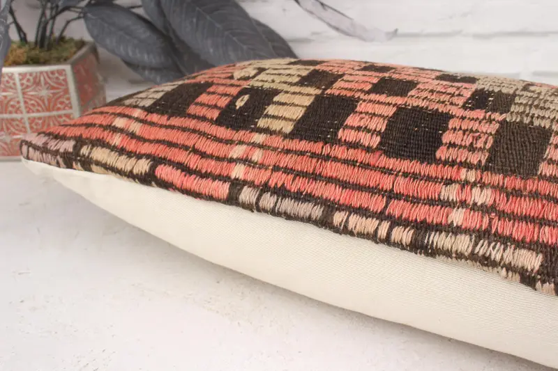 Pattern Throw Pillow, Pillow Cover, 12x20 Pink Pillow Cover, Interior Designer Pillow, Handmade Kilim Cushion, Vintage Pillow - 7