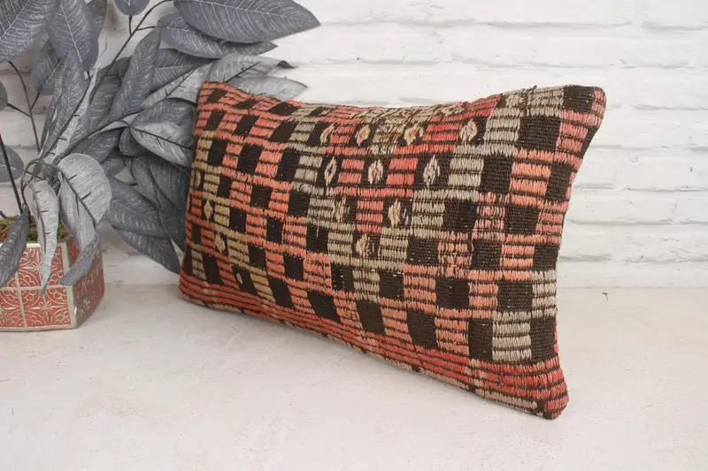 Pattern Throw Pillow, Pillow Cover, 12x20 Pink Pillow Cover, Interior Designer Pillow, Handmade Kilim Cushion, Vintage Pillow - 4