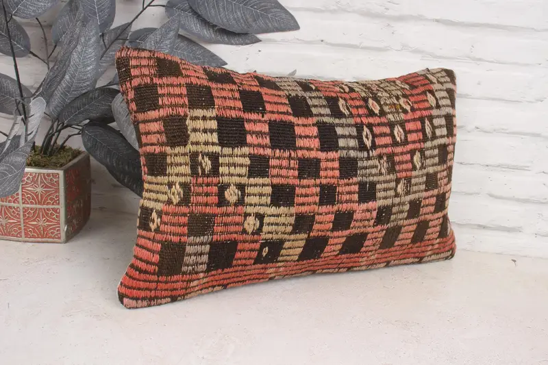 Pattern Throw Pillow, Pillow Cover, 12x20 Pink Pillow Cover, Interior Designer Pillow, Handmade Kilim Cushion, Vintage Pillow - 3
