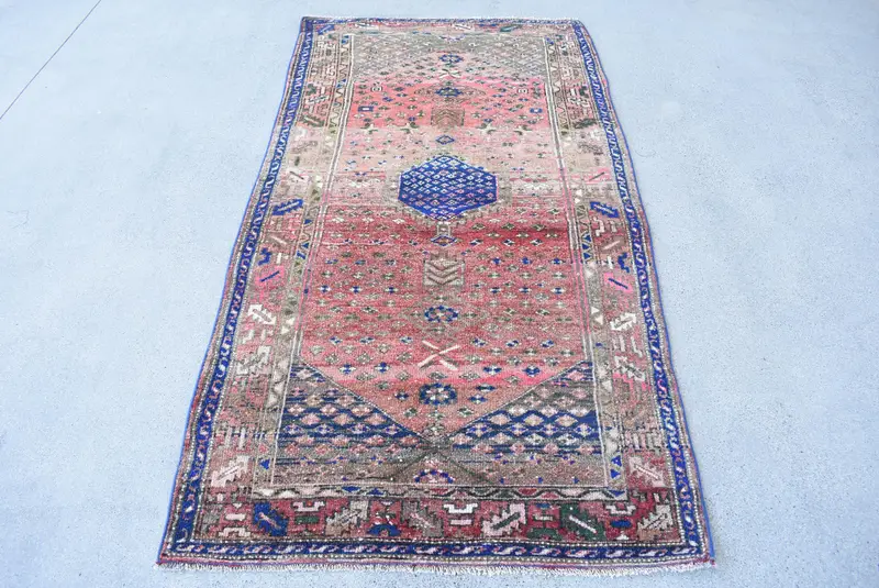 3.5x6.6 ft Vintage Türk Halısı, Accent Halı, Kırmızı Oushak Kareli Halı - 1