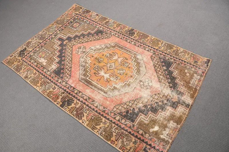 Turkish Vintage Accent Rug 3.4x6.3 ft, Brown Orange Polka dot Wool Rug - 1