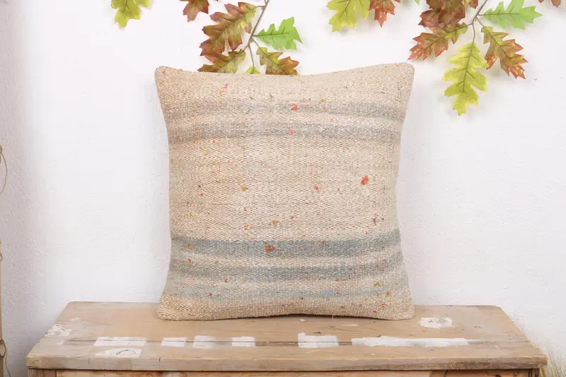 Beige & Bronze gestreiftes Wurfkissen, besticktes Vintage-Kissen