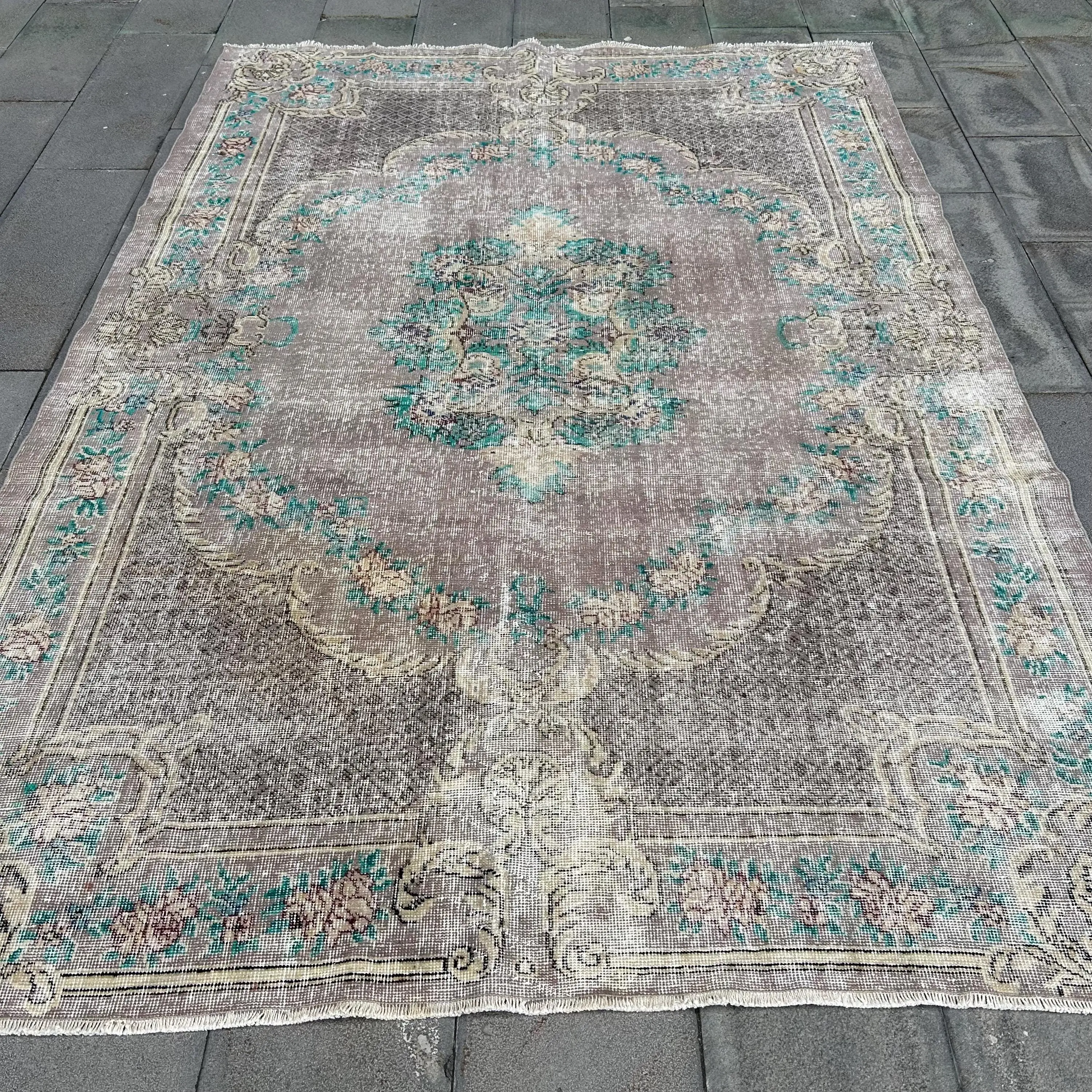 6.3x9.1 ft Vintage Halı, Gri Bitkiler ve ağaçlar Türk Halısı Yün - 1