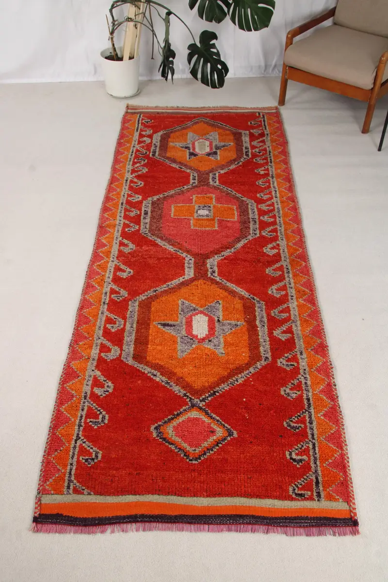 Alfombra Vintage, Alfombra Runner 3.4x9.2 ft, Alfombra Herki Red Paisley - 1