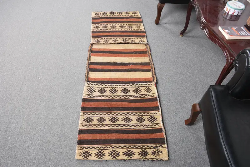 Alfombra Beige Hecha a Mano con Detalles en Marrón, 1,9x5,7 ft