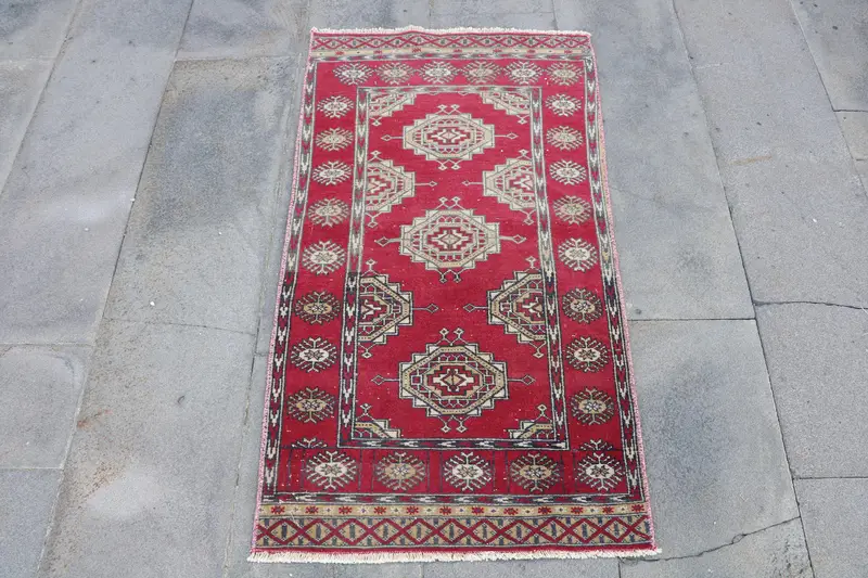 Oushak Vintage Teppich, 2x3,8 ft türkischer Teppich, roter Ikat-Wollteppich - 1