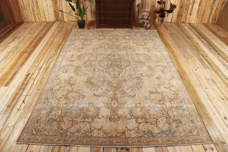 Türk Oushak Halısı 7.5x10.8 ft, Kahverengi Mavi Çiçekli Yün Vintage Halı - 1