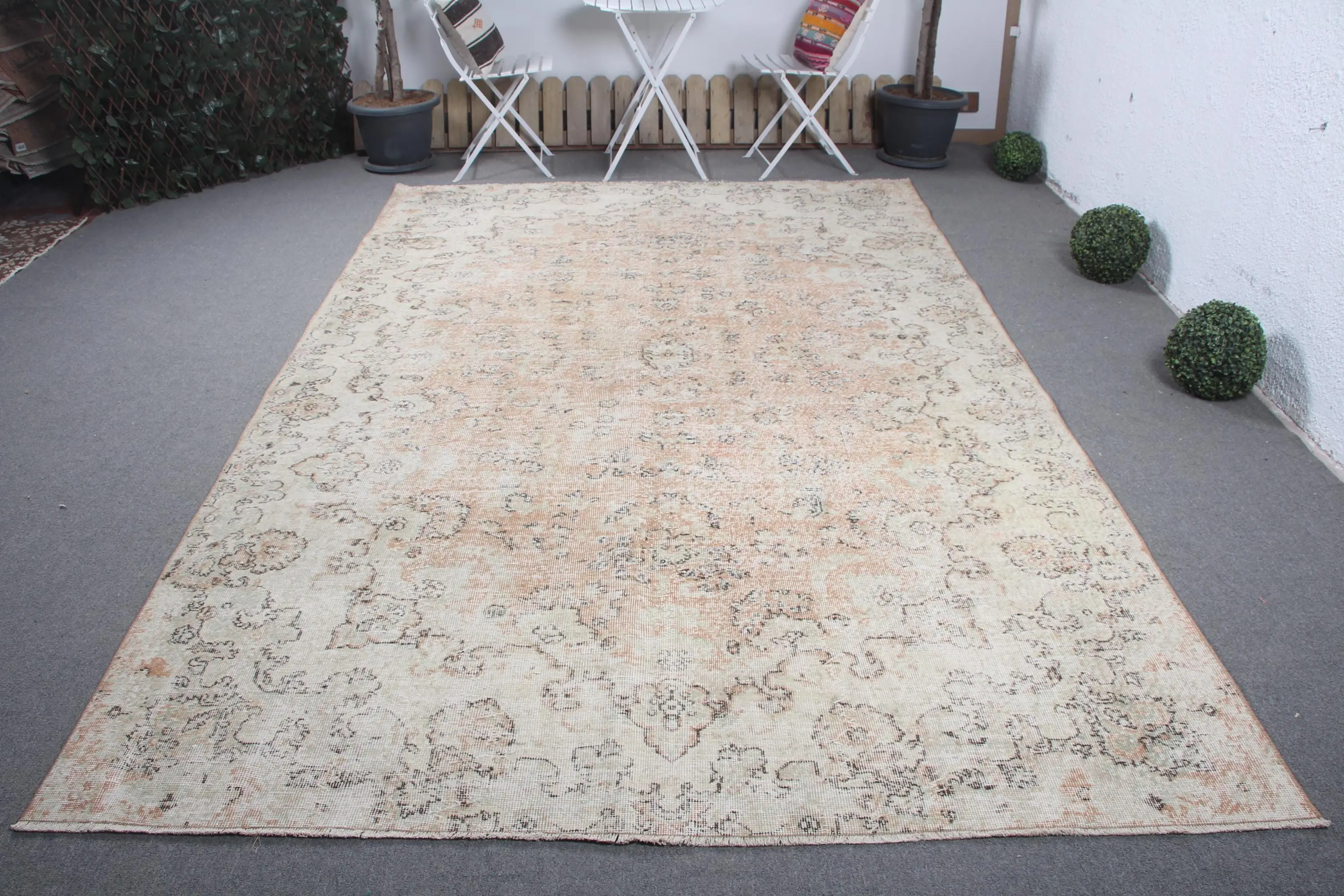 Turkish 6.9x11.2 ft Rug, Vintage Rug, White Ombré Rug Wool - 1