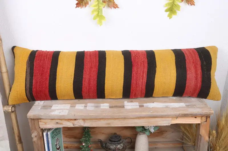 12x43 Yellow Cushion, Pillow for Couch, Vintage Pillow, Turkish Kilim Pillow, Seat Pillow Sham, Pillow, Handwoven Pillow Cover Cushion - 2