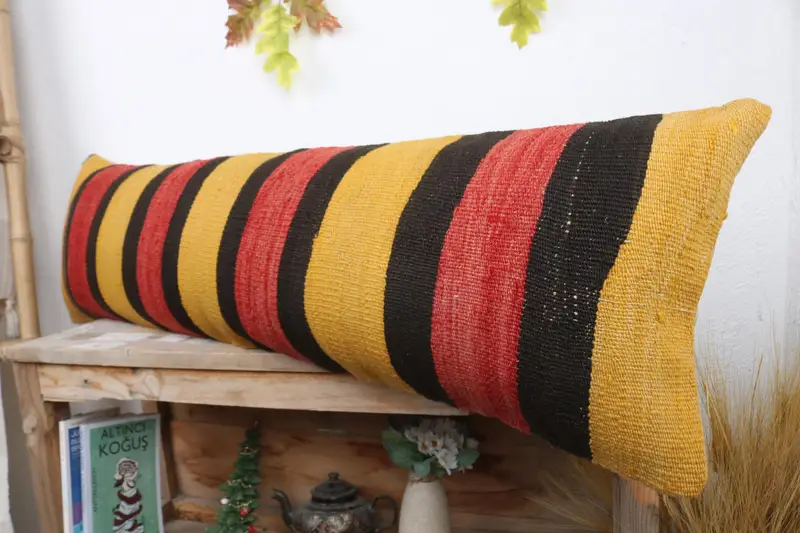 12x43 Yellow Cushion, Pillow for Couch, Vintage Pillow, Turkish Kilim Pillow, Seat Pillow Sham, Pillow, Handwoven Pillow Cover Cushion - 4