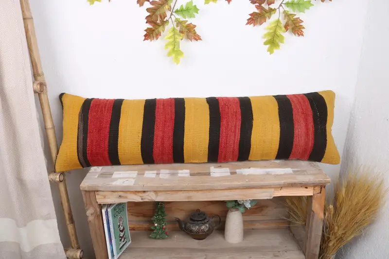 12x43 Yellow Cushion, Pillow for Couch, Vintage Pillow, Turkish Kilim Pillow, Seat Pillow Sham, Pillow, Handwoven Pillow Cover Cushion - 1