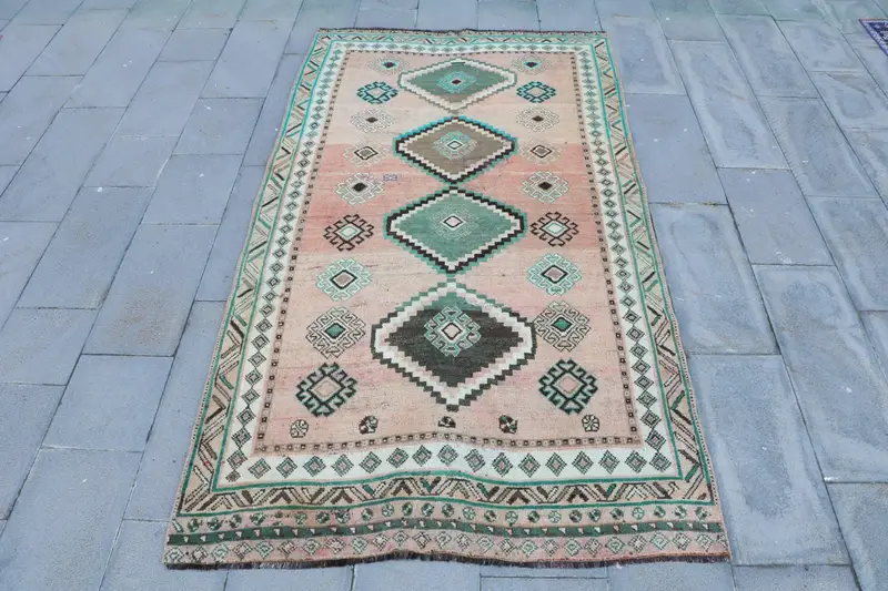 Alfombra de área vintage de 4,6x8,4 pies, alfombra de lana de patchwork turca rosa verde - 1