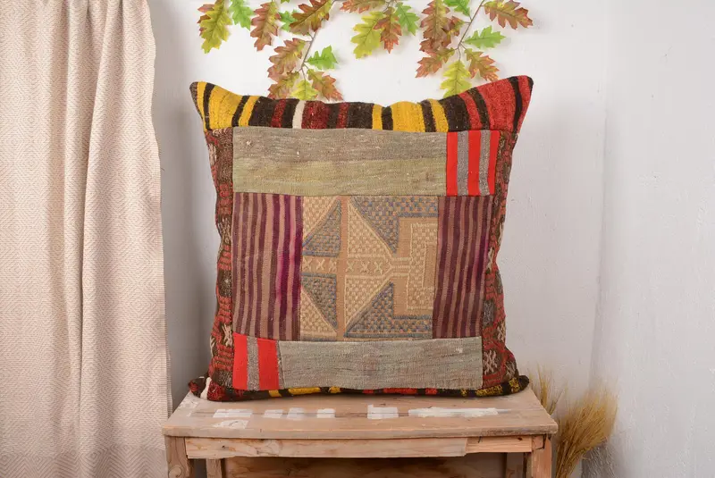 Red & Yellow Embroidered Patchwork Throw Pillow, Vintage Handmade Pillow