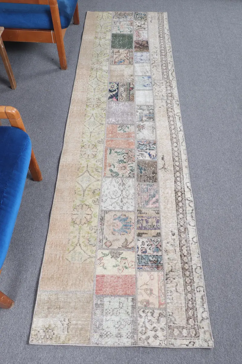 Elegant Beige & Green Rug, 2.4x8.6 ft Polka Dot Design