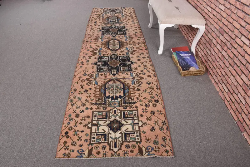 Vintage 2.7x10.3 ft Rug, Runner Turkish Rug, Brown Blue Ikat Wool Rug - 1