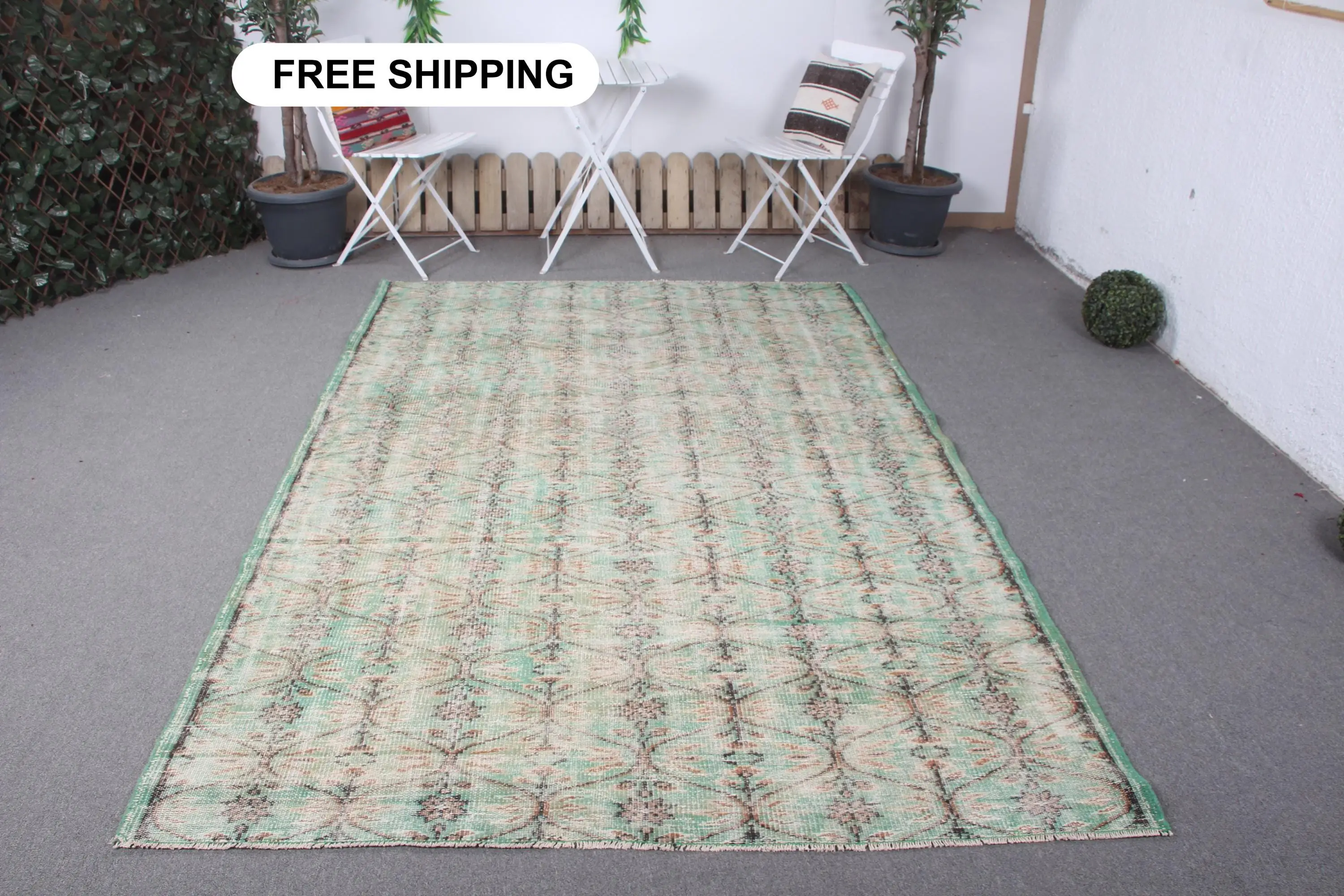 Vintage Büyük Halı 5,7x8,7 ft (174x264 cm), Türk Yeşil Puantiyeli Halı - 1