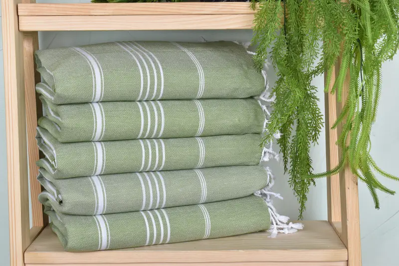 Striped Towel Khaki Green Cotton, Bachelorette Gift, 40x71 Inches