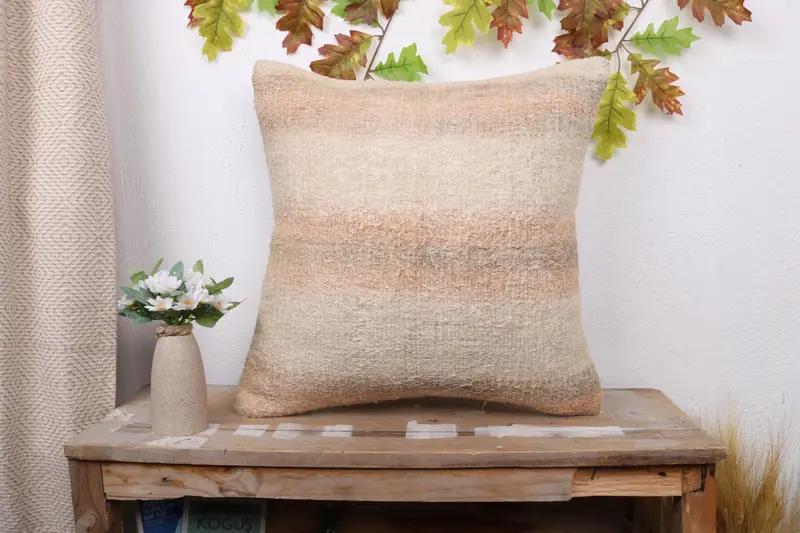 Beige & Brown Striped Throw Pillow, 20x20 Embroidered Cushion