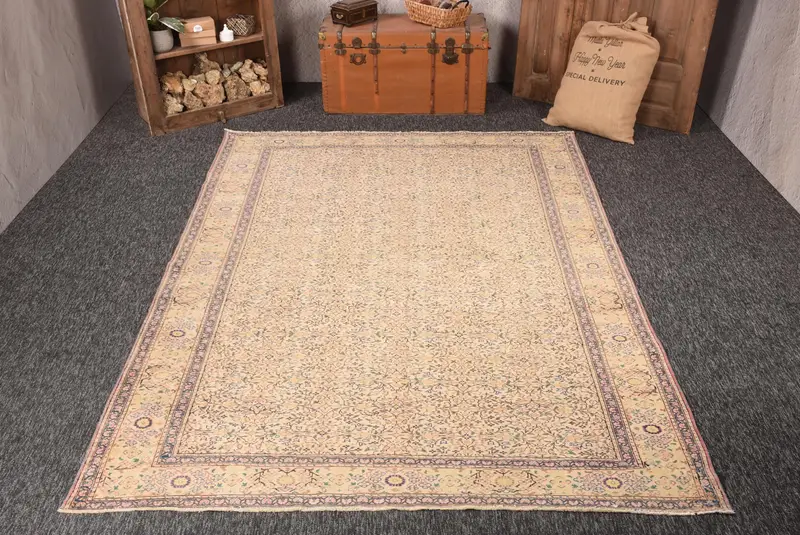 Vintage 6.5x9.6 ft Rug, Oushak Turkish Rug, Beige Floral Rug Wool - 1