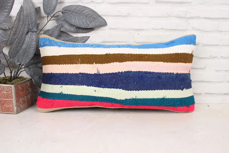 Aesthetic Pillow, Boho Throw Pillow Sham, 12x24 Blue Pillow, Gift Pillow, Turkish Kilim Pillow, Vintage Pillow, Cushion - 1