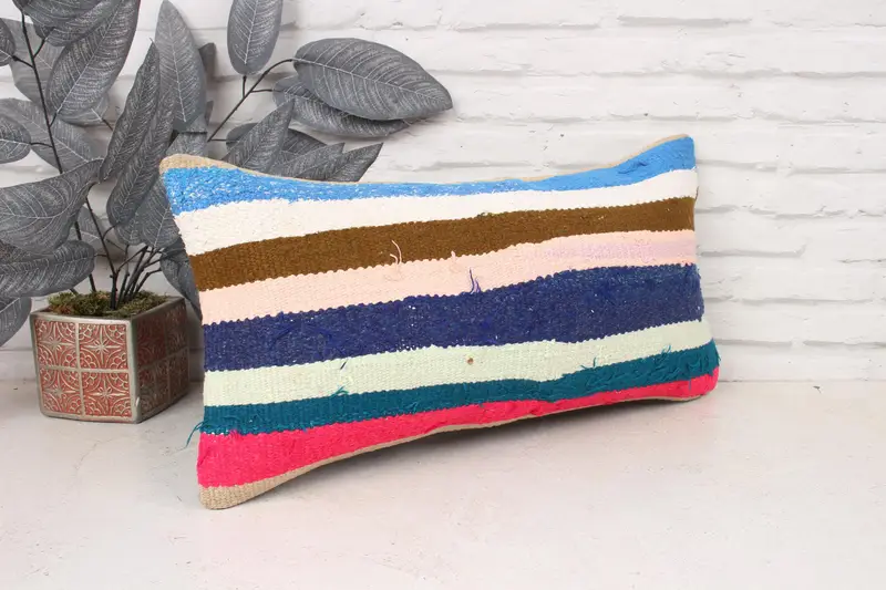 Aesthetic Pillow, Boho Throw Pillow Sham, 12x24 Blue Pillow, Gift Pillow, Turkish Kilim Pillow, Vintage Pillow, Cushion - 3