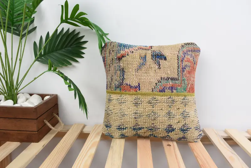 Gift Pillow, Handmade Throw Pillow Case, Bench Pillow Case, Vintage Kilim Pillow, Vintage Kilim Throw Pillow, 14x14 Blue Pillow, Cushion Case - 1