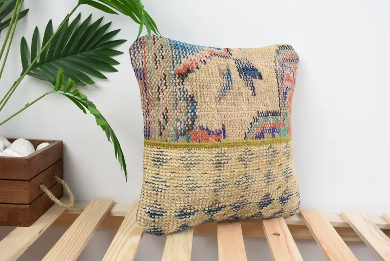 Gift Pillow, Handmade Throw Pillow Case, Bench Pillow Case, Vintage Kilim Pillow, Vintage Kilim Throw Pillow, 14x14 Blue Pillow, Cushion Case - 4