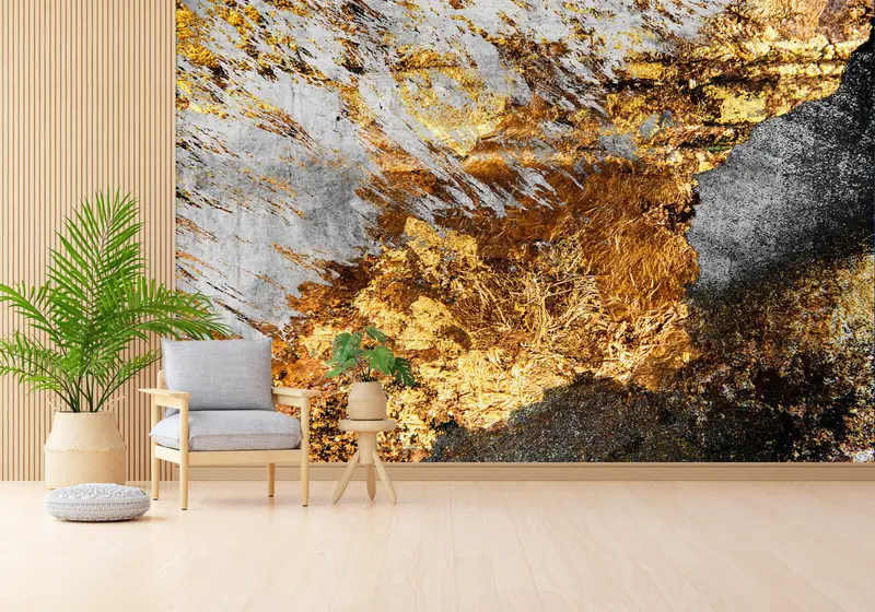 現代的なゴールド、グレー、ブラックの抽象的なプリント壁紙